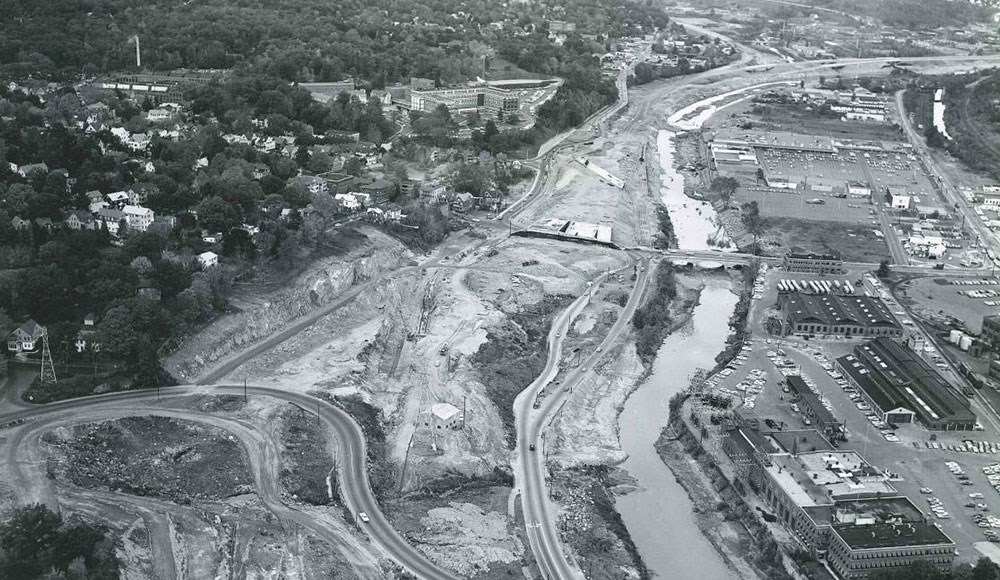 Looking north along Route 8 to Project 151-79. Old Chase Parkway winds across the foreground of the picture. (OCT 05, 1965)