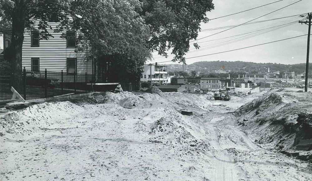 The start of construction as seen looking north from Charles Street. (JUL 07, 1965)