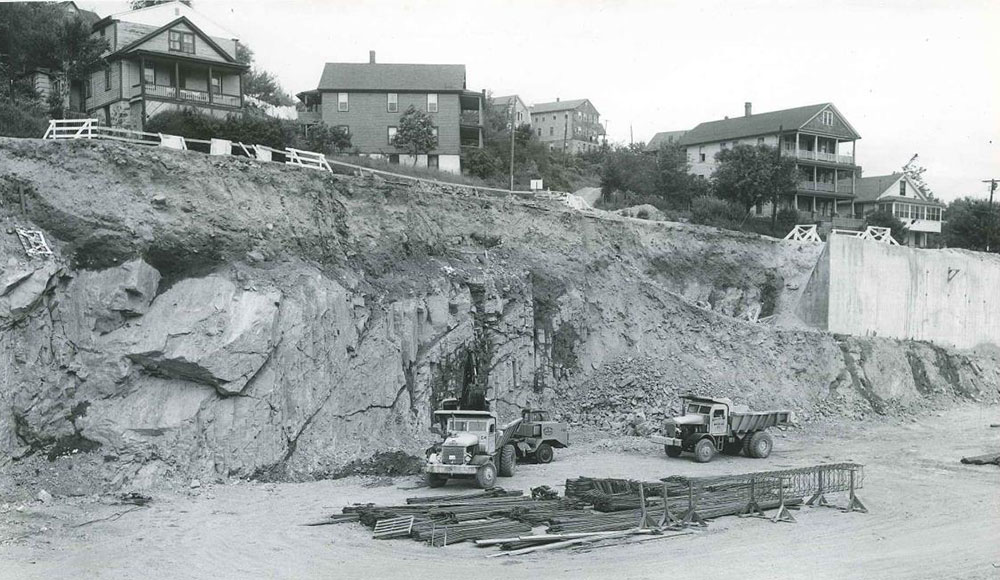 South end of the Charles Street wall as seen from the east side of Route 8. (JUN 14, 1965)